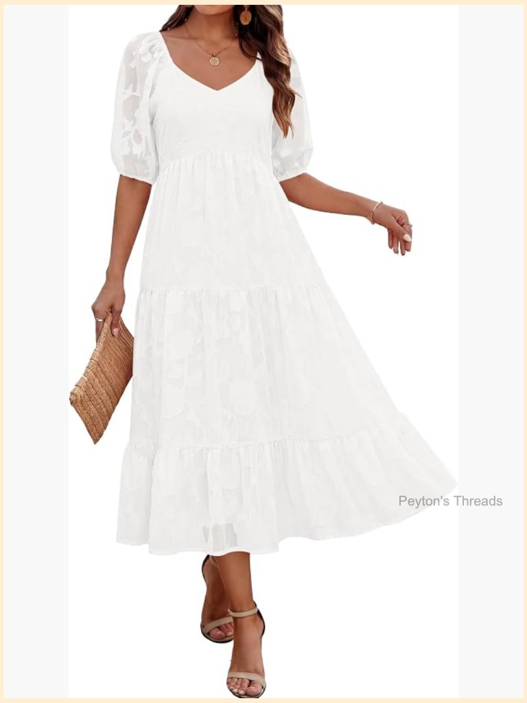 Women's Floral Maxi Dress With Pockets Short Puff Sleeve Scoop V Neck A Line